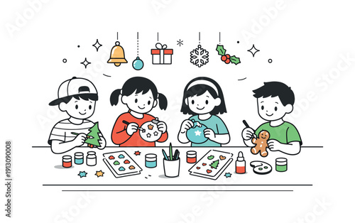 Children's Festive Workshop. Festive DIY workshop. Group of children decorating ornaments with paint and stickers at a shared table. Friendly collaboration