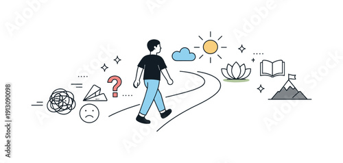 Personal growth journey. A person walking forward along a simple path, leaving abstract shapes behind and approaching calm symbols of