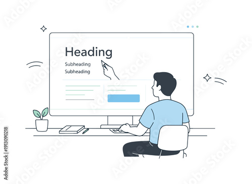 Modern Interface Design. Minimal digital product design. A single designer refining a clean interface on a large screen, focusing on typography, spacing, and