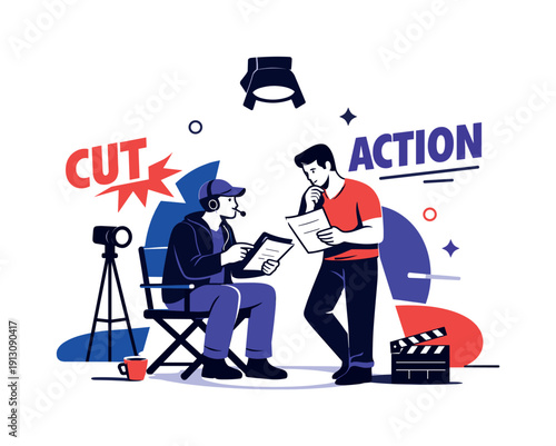   Scene refinement talk. A director and actor review a scene under a spotlight, minimal props