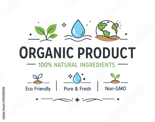 Organic product label. Clean label layout featuring icons of leaves, water, and earth, suggesting natural ingredients. Fresh and trustworthy