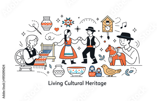 Living cultural heritage. A clean composition combining handmade objects, patterns, and people, symbolizing how folk art keeps culture alive