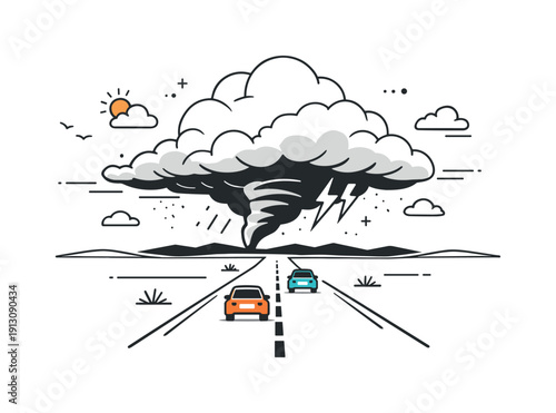 Extreme weather and storm chasing tourism. Abstract road scene leading toward towering storm clouds, with small cars emphasizing scale and
