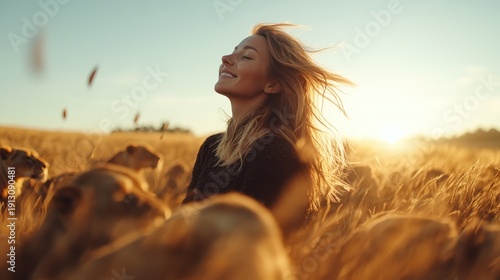 This image captures a radiant woman smiling blissfully against a backdrop of golden wheat fields, embodying freedom and tranquility in a natural setting at sunset.