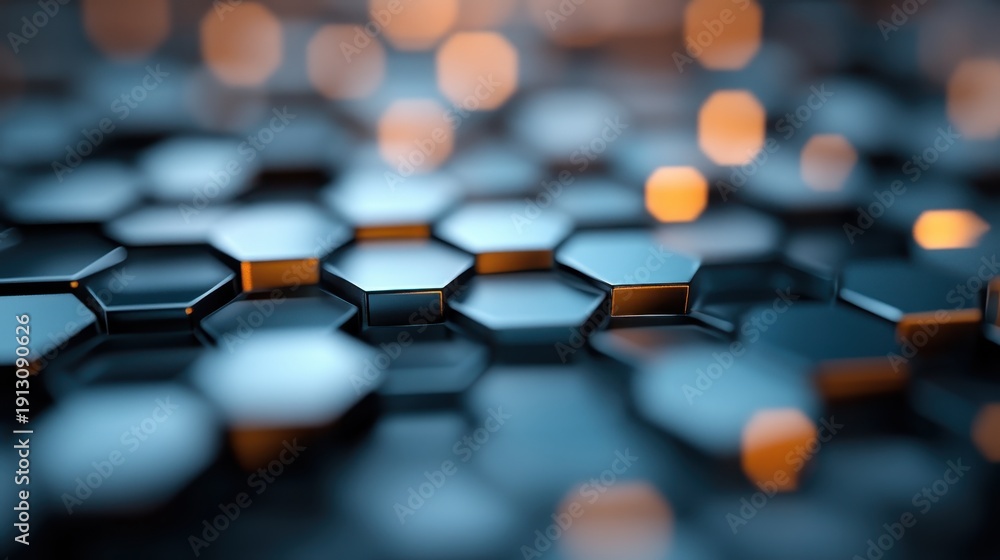 Fototapeta premium This mesmerizing close-up features a honeycomb pattern in dark hues adorned with warm glowing highlights, reflecting modern design aesthetics and technology.