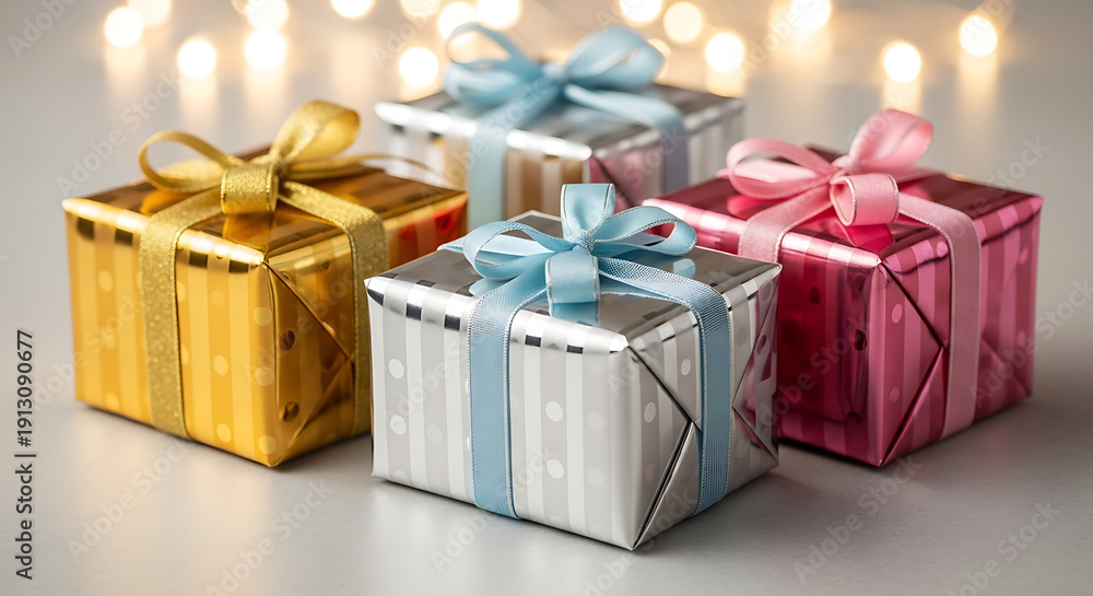 Fototapeta premium Three elegantly wrapped gifts in gold silver and pink with ribbons on a reflective surface with bokeh lights