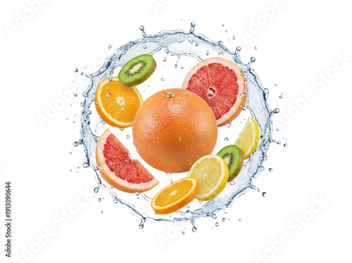 Fresh Mixed Fruits with Dynamic Water Splash on White Background