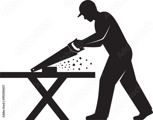 Man Using Leaf Blower on Workbench, Silhouette, Isolated on White