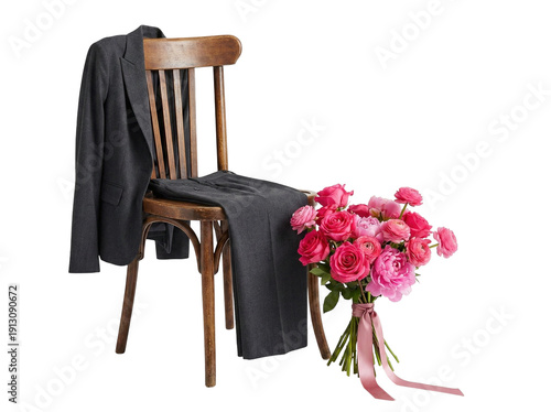 Elegant Suit Draped on Wooden Chair with Pink Flower Bouquet