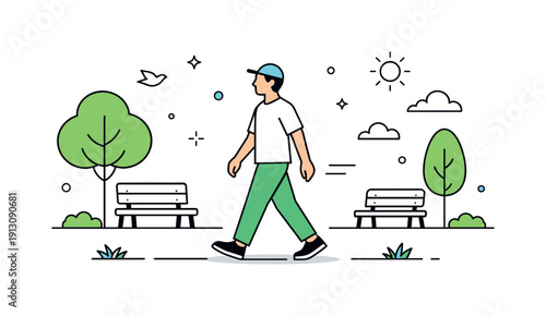 Mindful Morning Stroll. Morning walk in the park. Person strolling past trees and benches with relaxed posture and slow pace. Feeling of balance, mindfulness,