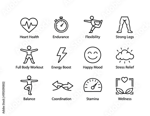 Dance cardio fitness benefits. Line icon set of Dance cardio fitness benefits: heart health icon, endurance symbol, flexibility stretch,
