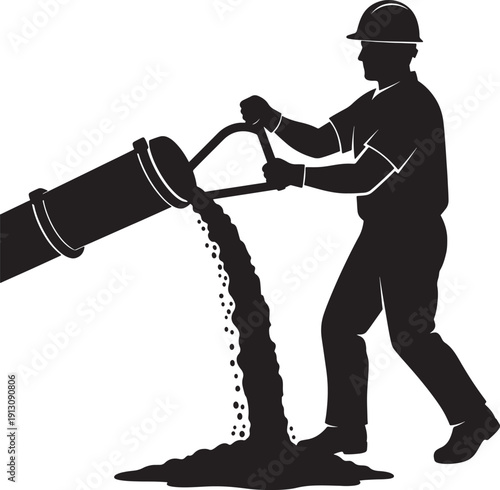 Construction Worker Pouring Concrete Mixture from Chute Silhouette Vector Illustration