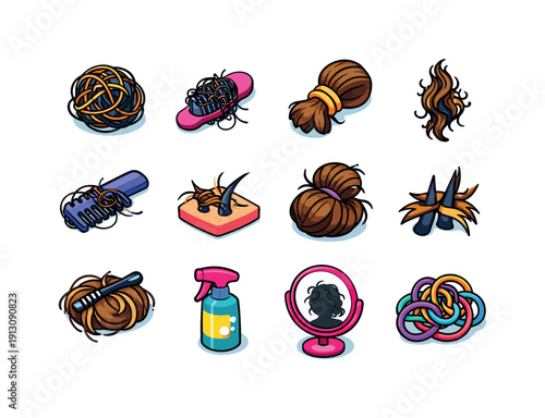 Tangled Hair. Colorful isometric vector icons set of Tangled Hair: tangled hair ball, hairbrush with hair, knotted ponytail, frizzy hair