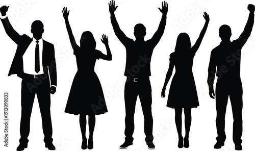 People silhouettes raising hands celebration success teamwork happiness crowd vector illustration isolated on white background - flat vector illustration