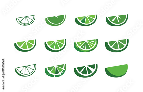 Lime wedge. Icon set. Set Logo of Lime wedge: fresh citrus slice. harmonious logo variations of the same emblematic concept, each with