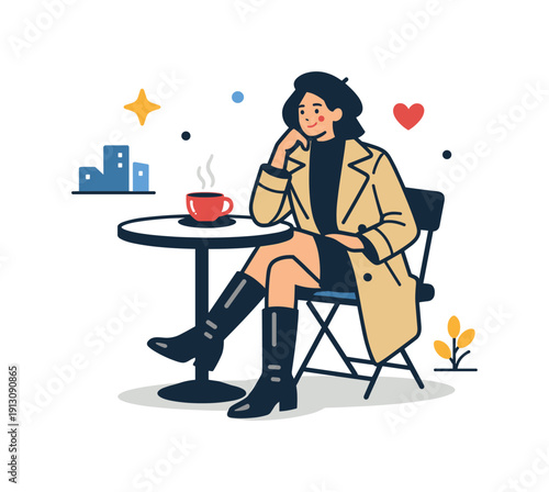 A person sitting at a cafe wearing a stylish trench coat and boots enjoying a quiet moment at a small outdoor table with a coffee cup nearby.