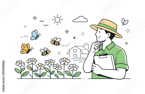 Supporting pollinators. Farmer observing bees and butterflies around flowering crops, gentle and attentive mood. Editorial depiction of