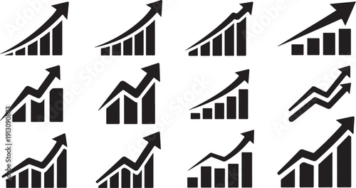 Black and white graph icons with arrows pointing upwards