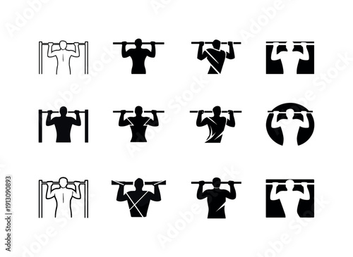 Calisthenics Logo Set. Calisthenics street workouts. Icon set. Set Logo of Calisthenics street workouts: athlete doing pull-up on bar. harmonious