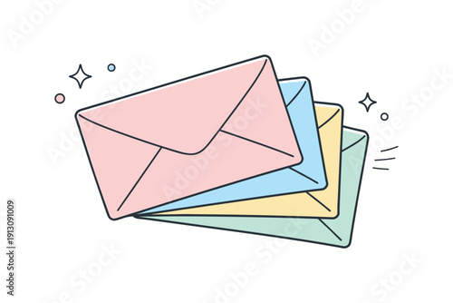 Envelope pastel colors. A clean editorial scene with pastel-colored envelopes stacked or fanned out, expressing calm communication and soft