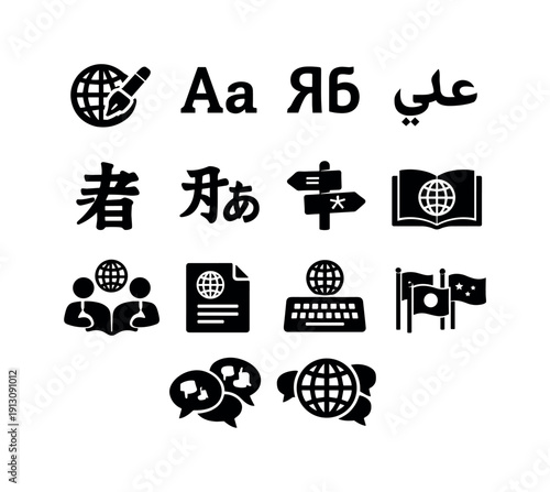    Content in world languages. Solid icon set of content in world languages: global writing styles, Latin script, Cyrillic script, Arabic