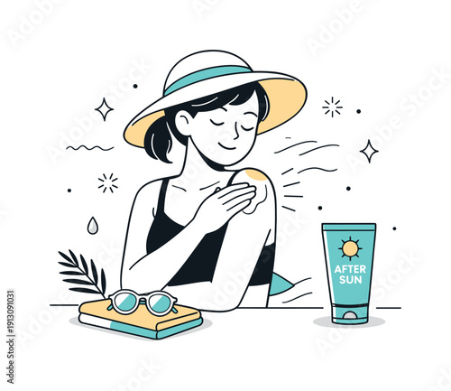After sun lotion. Person gently applying after sun lotion to skin in a relaxed editorial scene. Theme of self-care, cooling relief, and