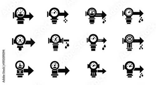 Black and white icons depicting various stages of dripping faucet repair