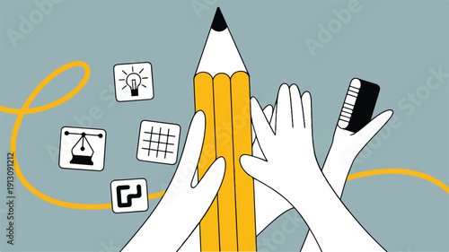 Collaborative Creativity Minimalist illustration of hands holding design tools and ideation icons, symbolizing teamwork and innovation