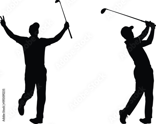 Two golfers in dynamic poses with golf clubs in hand showcasing swings