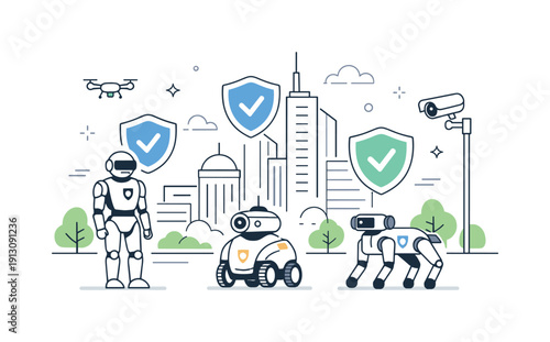 Future AI security patrols. A clean city or facility outline protected by roaming AI units and gentle shield symbols. The illustration