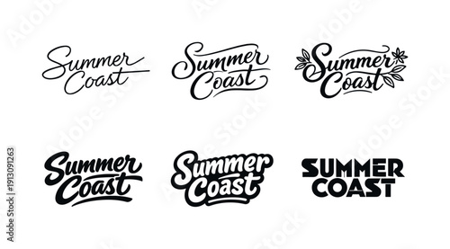 Coastal Lettering Variations. Summer coast script logo. Set lettering. harmonious lettering variations of the same emblematic concept, each with different