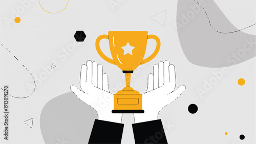 Celebrating Achievement A Minimalist Illustration of Hands Holding a Golden Trophy with a Star