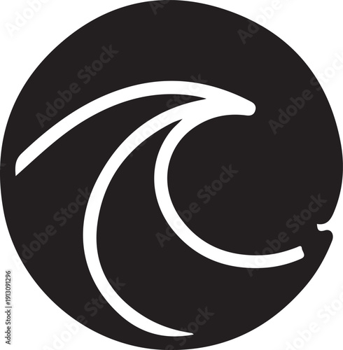 Ocean Wave Icon in Circle Solid Design, Black solid circular icon with stylized ocean wave, representing sea power, surfing, coastal lifestyle, marine nature and water movement concepts.

