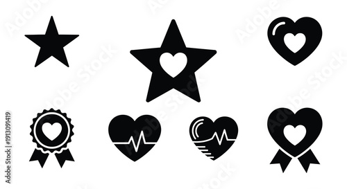 A collection of black star and heart shaped icons with varying designs