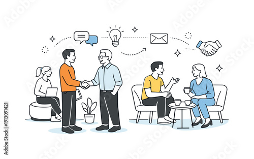 Entrepreneurial networking. Founders and mentors shaking hands and chatting in a relaxed meeting area. Friendly interaction with connection