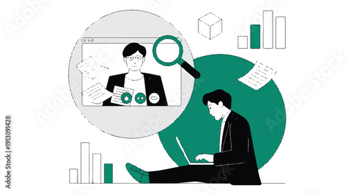 Online business meeting and analysis, a man working on laptop with charts and magnifying glass icon