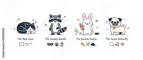 Animal personalities and quirks. An editorial-style lineup of animals presented like personality profiles, with small icons and symbols