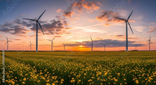 Wind turbines standing in a field of blooming yellow flowers during a peaceful sunset