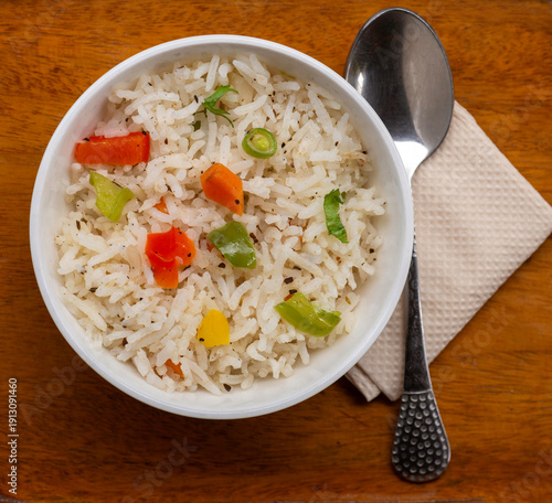 Ghee Rice, vegetable pulav, steamed rice with vegetables an Indian Delicacy. Top view. 