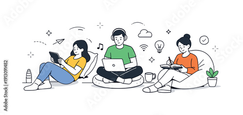 Flexible education systems. Students learning in different ways using laptops, notebooks, and tablets, seated comfortably in an open space.