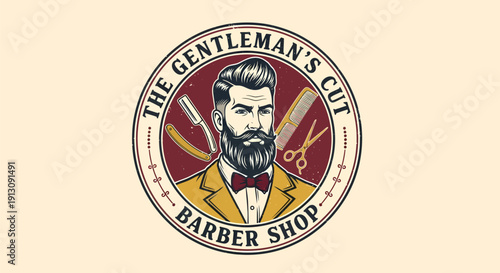 Vintage barber shop logo featuring a stylish bearded gentleman.