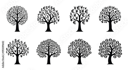 Six stylized trees composed of currency symbols in black and white