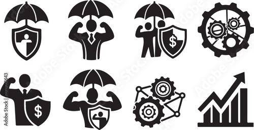 Business protection and financial security icons set in black