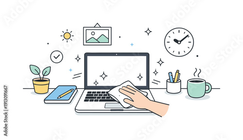 Pristine Desk Setup. Workspace hygiene concept. Clean desk with freshly wiped laptop, sense of order and freshness. Minimal objects, soft sparkles, and