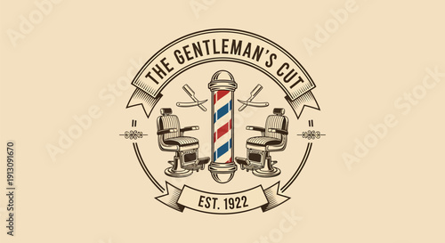 Vintage Barbershop Emblem with Barber Pole and Chairs.
