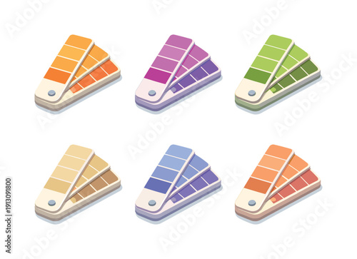 Vibrant Color Palette. ColorSwatches. Isometric flat vector icons set of ColorSwatches: solid orange backdrop, solid plum backdrop, solid moss backdrop, solid