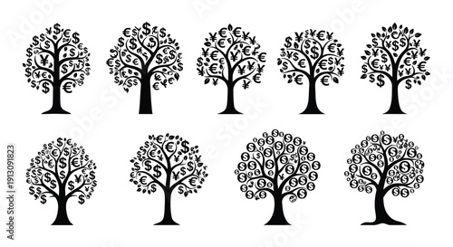 Six stylized trees composed of currency symbols in black and white