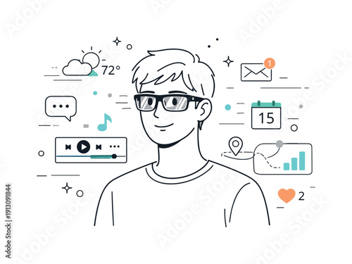 Smart glasses technology. Person wearing smart glasses while viewing subtle digital overlays, calm futuristic everyday use. Icons,