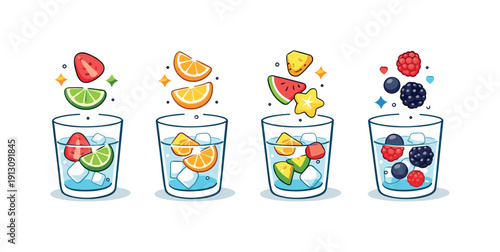 Fruit infusions shown as a lineup of sliced fruits dropping into a glass, forming a playful visual rhythm of color and taste. The