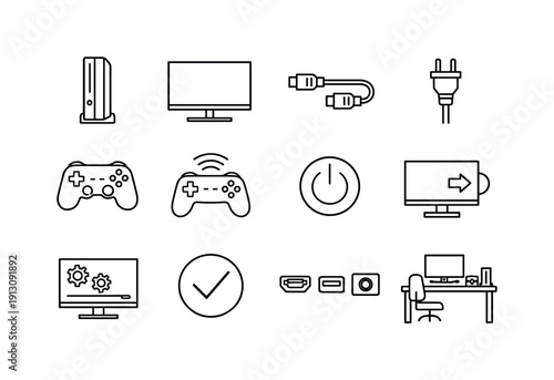 Connecting a game console. Line icon set of connecting a game console: game console, television screen, HDMI cable, power cable, game